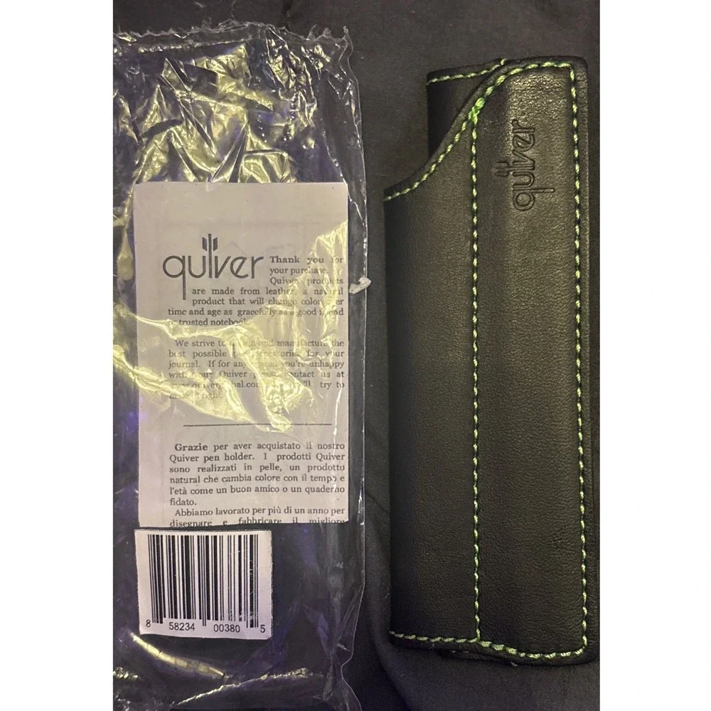 NEW Quiver Black Leather Double Pen Holder Green Stitch Notebook Journal Sleeve
